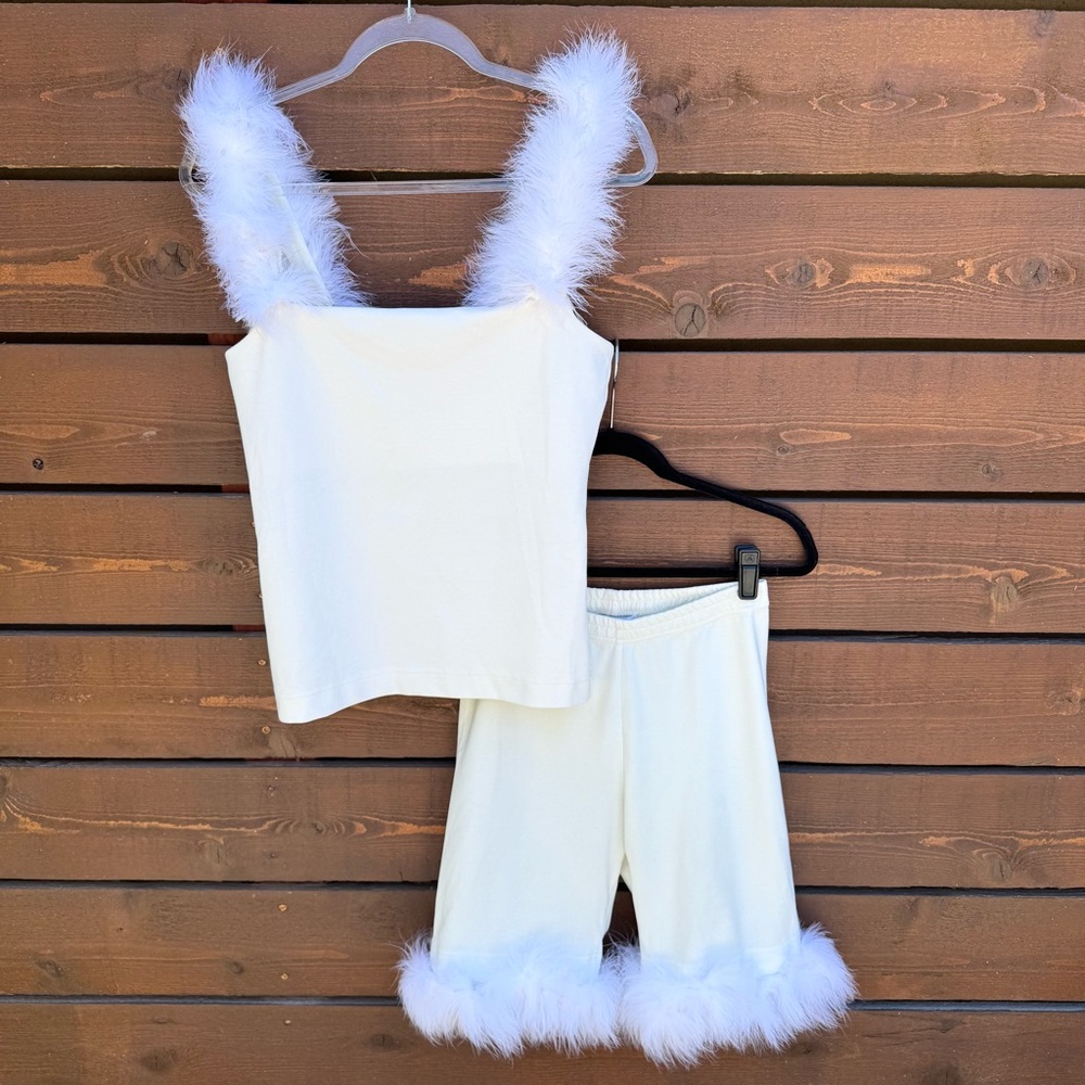 Sleeper Weekend Chic Fur Trim Tank Top & Bike Shorts Loungewear Set Sz L Ivory